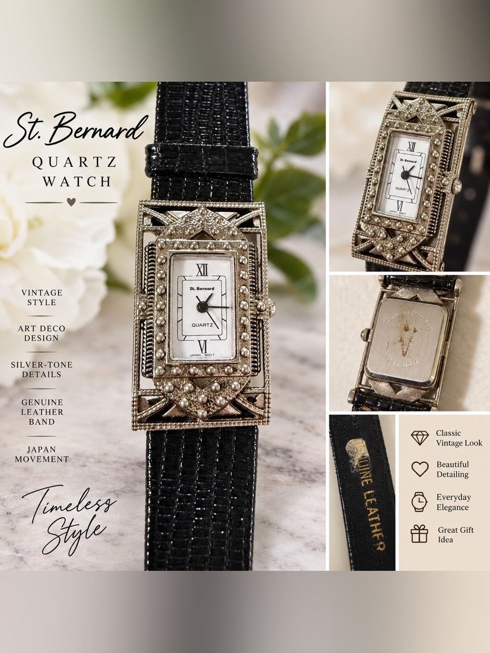 St. Bernard Quartz Watch Silver Tone Art Deco Black Genuine Leather Band